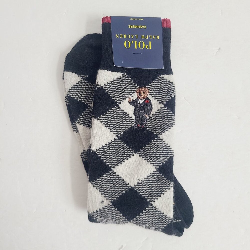 Polo Ralph Lauren Buffalo Check Bear Cashmere Socks 1 Pair Size 10-13 White